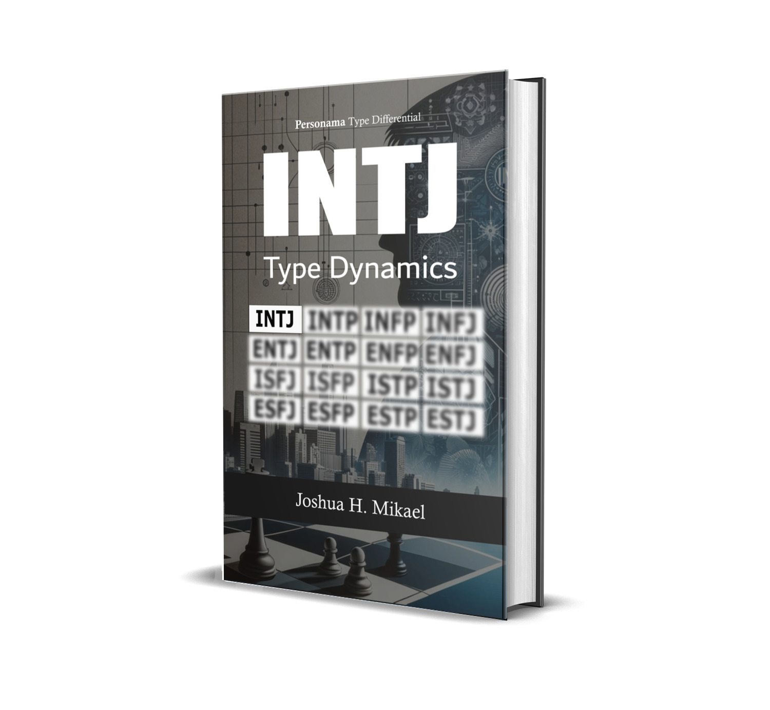 The INTJ mind under examination, with overlay of microscope, analytics charts, and puzzle pieces. Part of the Personama TypeInsights series by author Joshua H. Mikael.
